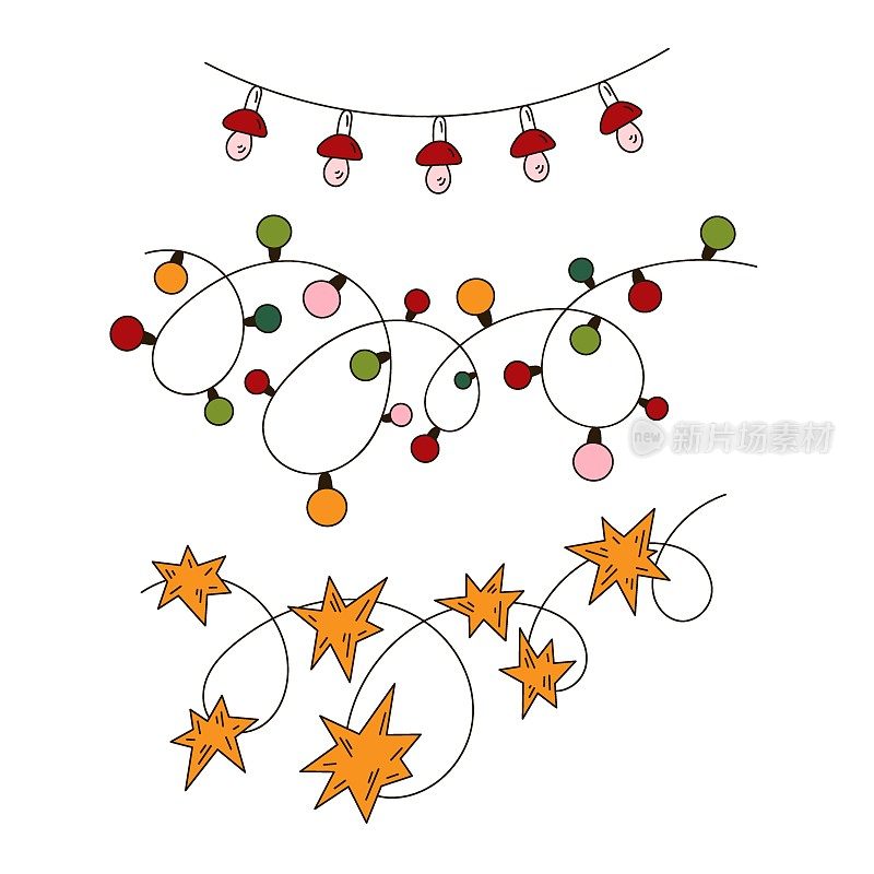 Set of Christmas garland with lights, mushrooms, stars in doodle style